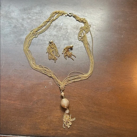 Vintage Signed Emmons Tassel Pendant Multi Chain 22.25” Necklace & Earring Set - Picture 1 of 4